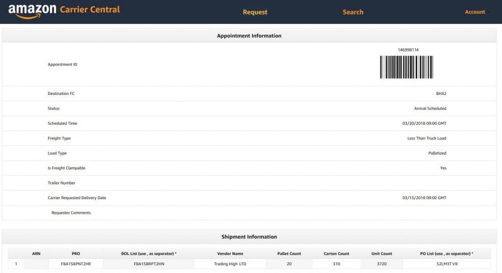 Aamzon FBA Booking Request example 